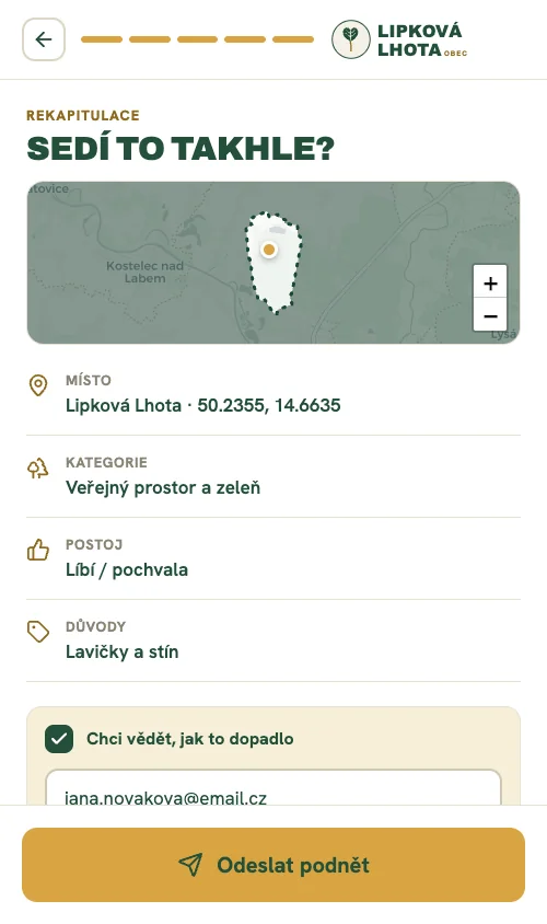 Rekapitulace podnětu před odesláním