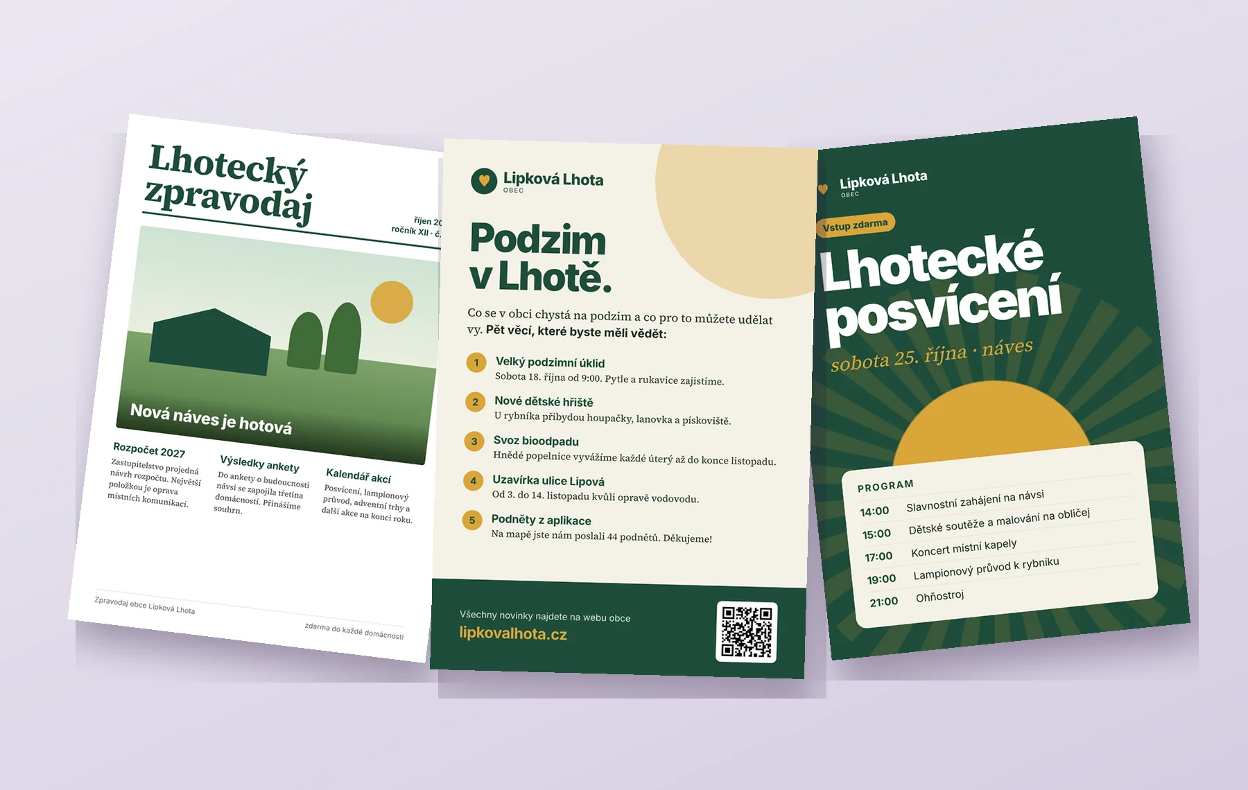 Ukázka tištěných materiálů: zpravodaj, leták A5 a plakát pro fiktivní obec